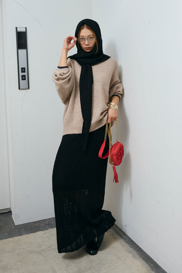 [予約/SET]バイカラーコクーンニット+スカーフ付き透かし編みニットスカート(2set)