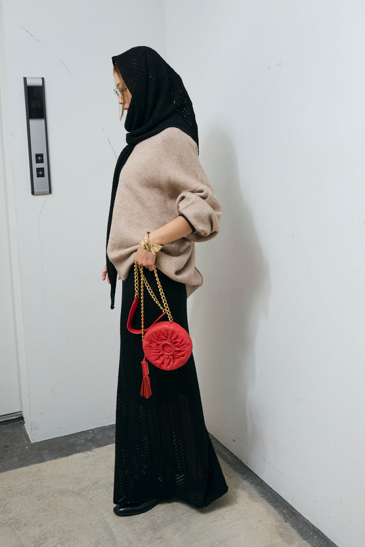 [予約/SET]バイカラーコクーンニット+スカーフ付き透かし編みニットスカート(2set)