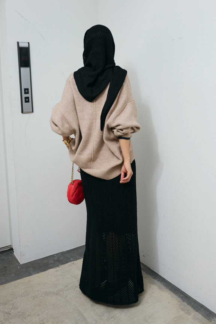 [予約/SET]バイカラーコクーンニット+スカーフ付き透かし編みニットスカート(2set)