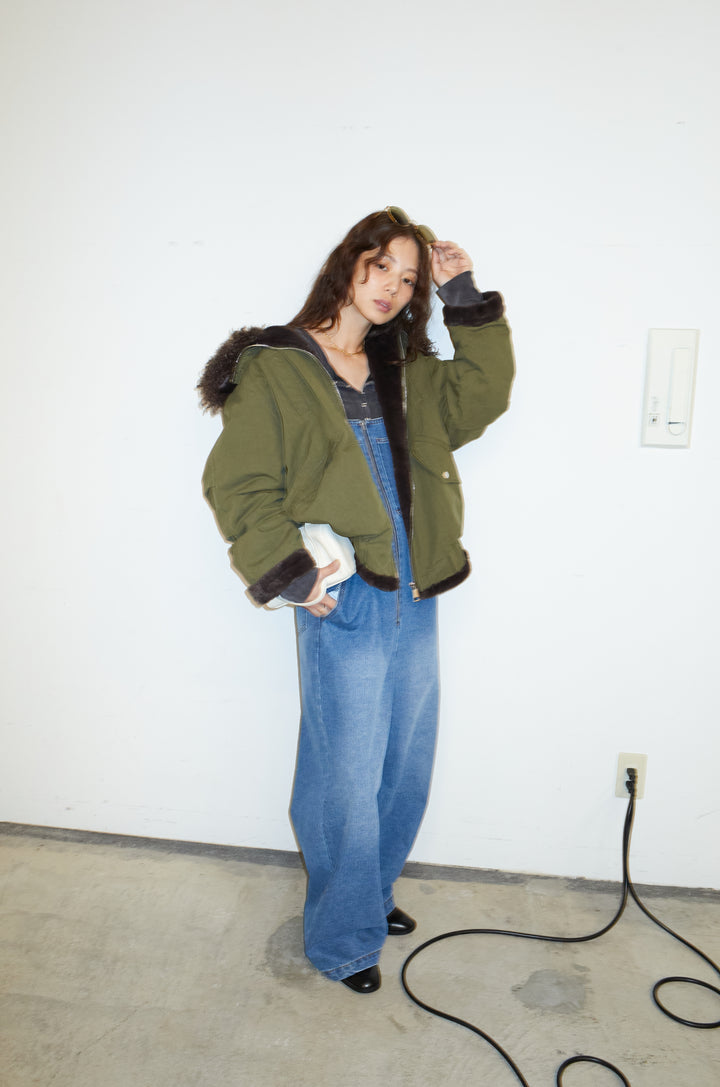 [予約/SET]ボア襟ジップブルゾン+フロントジップストラップデザインデニムサロペット(2set)