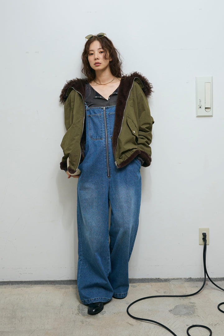 [予約/SET]ボア襟ジップブルゾン+フロントジップストラップデザインデニムサロペット(2set)