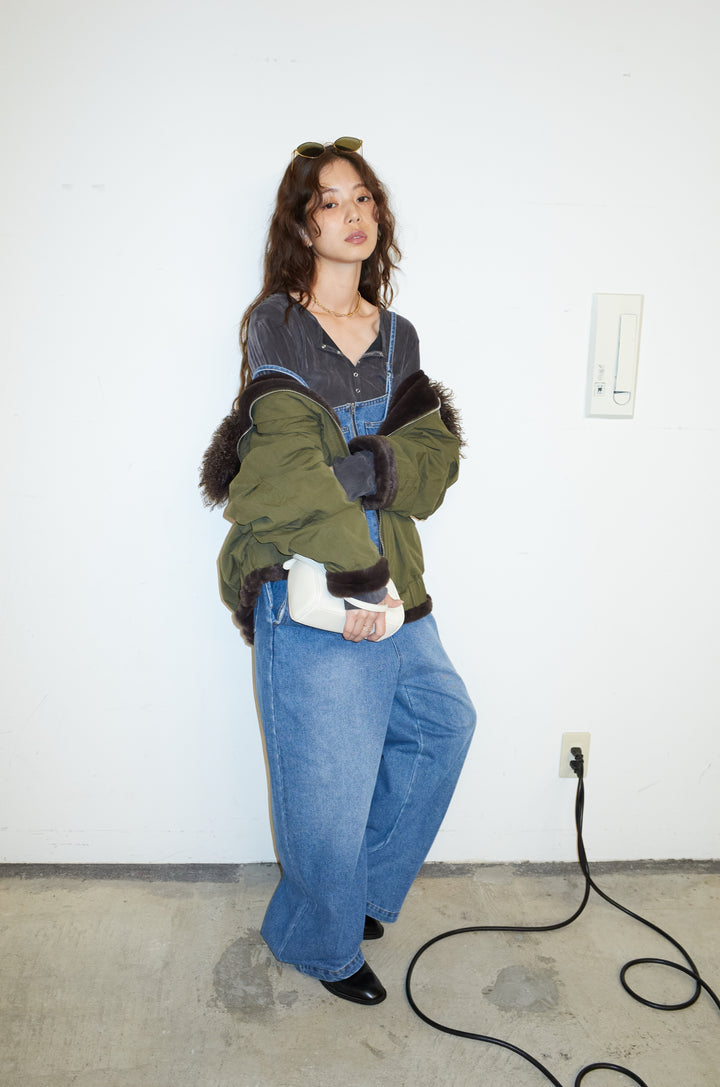 [予約/SET]ボア襟ジップブルゾン+フロントジップストラップデザインデニムサロペット(2set)