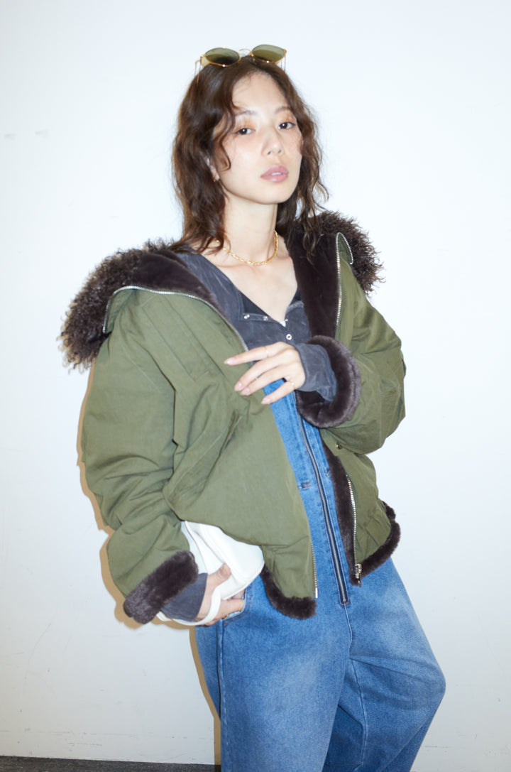 [予約/SET]ボア襟ジップブルゾン+フロントジップストラップデザインデニムサロペット(2set)