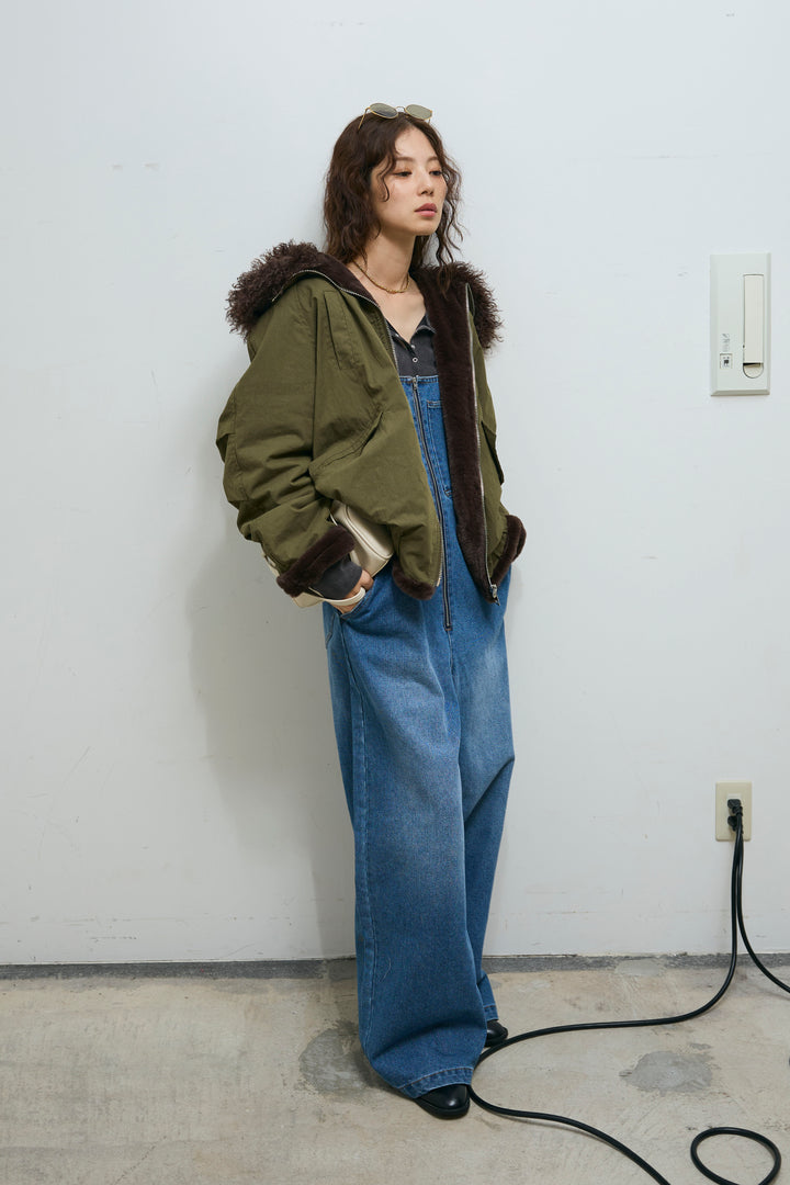 [予約/SET]ボア襟ジップブルゾン+フロントジップストラップデザインデニムサロペット(2set)