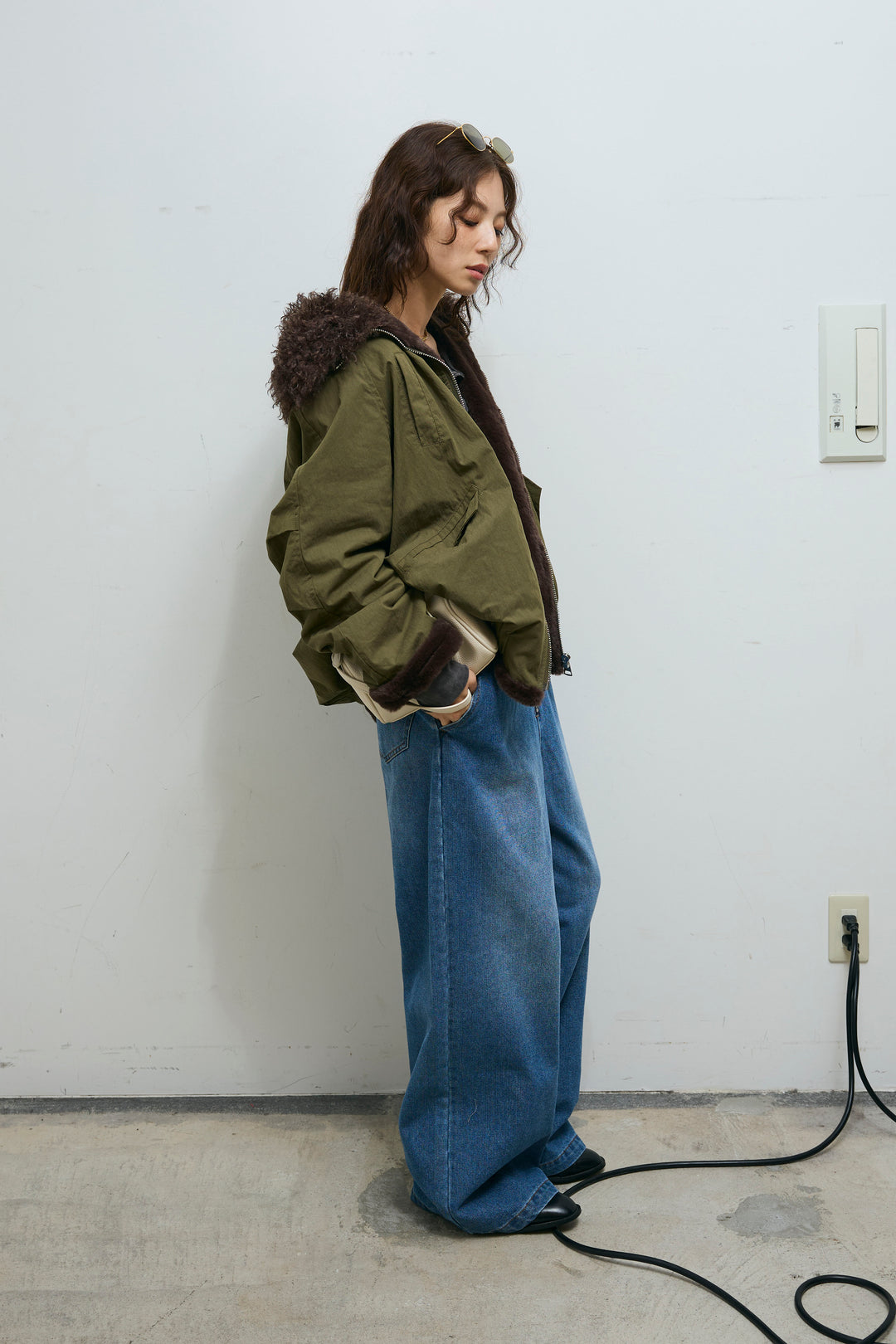 [予約/SET]ボア襟ジップブルゾン+フロントジップストラップデザインデニムサロペット(2set)