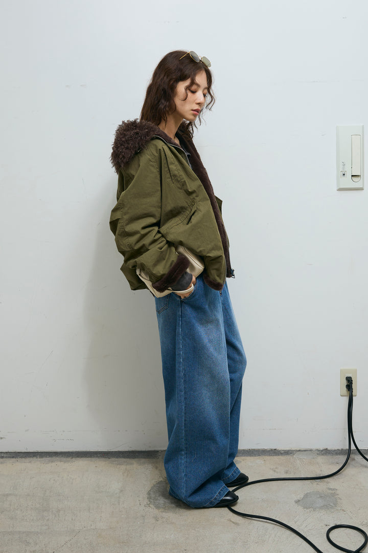 [予約/SET]ボア襟ジップブルゾン+フロントジップストラップデザインデニムサロペット(2set)