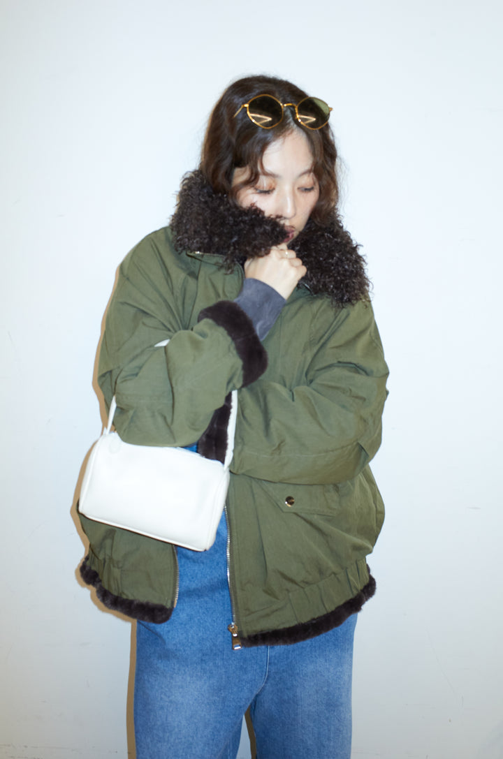 [予約/SET]ボア襟ジップブルゾン+フロントジップストラップデザインデニムサロペット(2set)