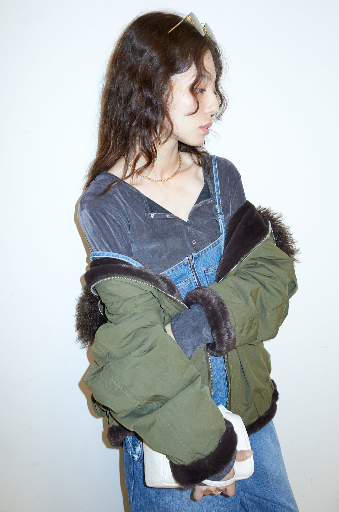 [予約/SET]ボア襟ジップブルゾン+フロントジップストラップデザインデニムサロペット(2set)