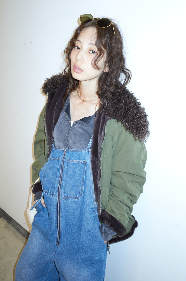 [予約/SET]ボア襟ジップブルゾン+フロントジップストラップデザインデニムサロペット(2set)