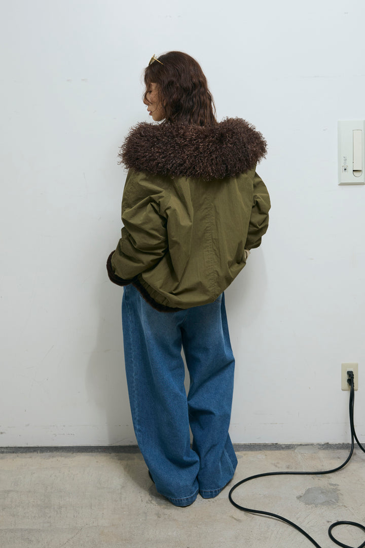 [予約/SET]ボア襟ジップブルゾン+フロントジップストラップデザインデニムサロペット(2set)