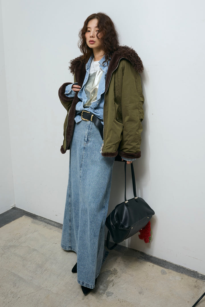 [予約/SET]ボア襟ジップブルゾン+オーバーサイズデニムシャツ+箔プリントロンT+オーセンティックデニムSK(4set)