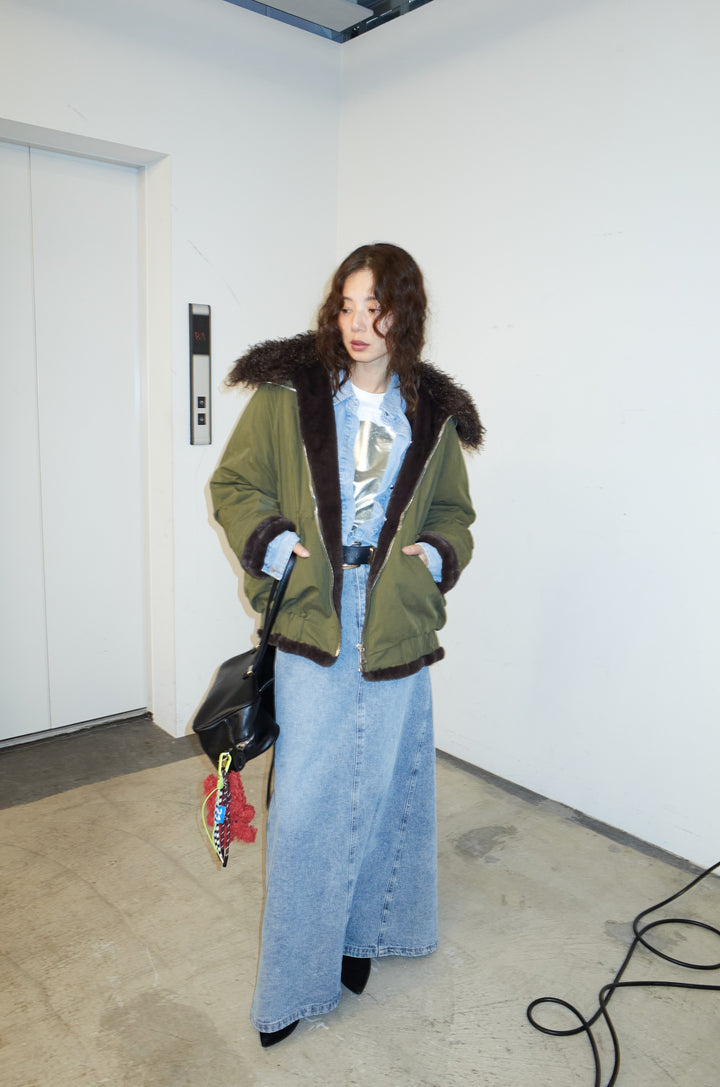 [予約/SET]ボア襟ジップブルゾン+オーバーサイズデニムシャツ+箔プリントロンT+オーセンティックデニムSK(4set)