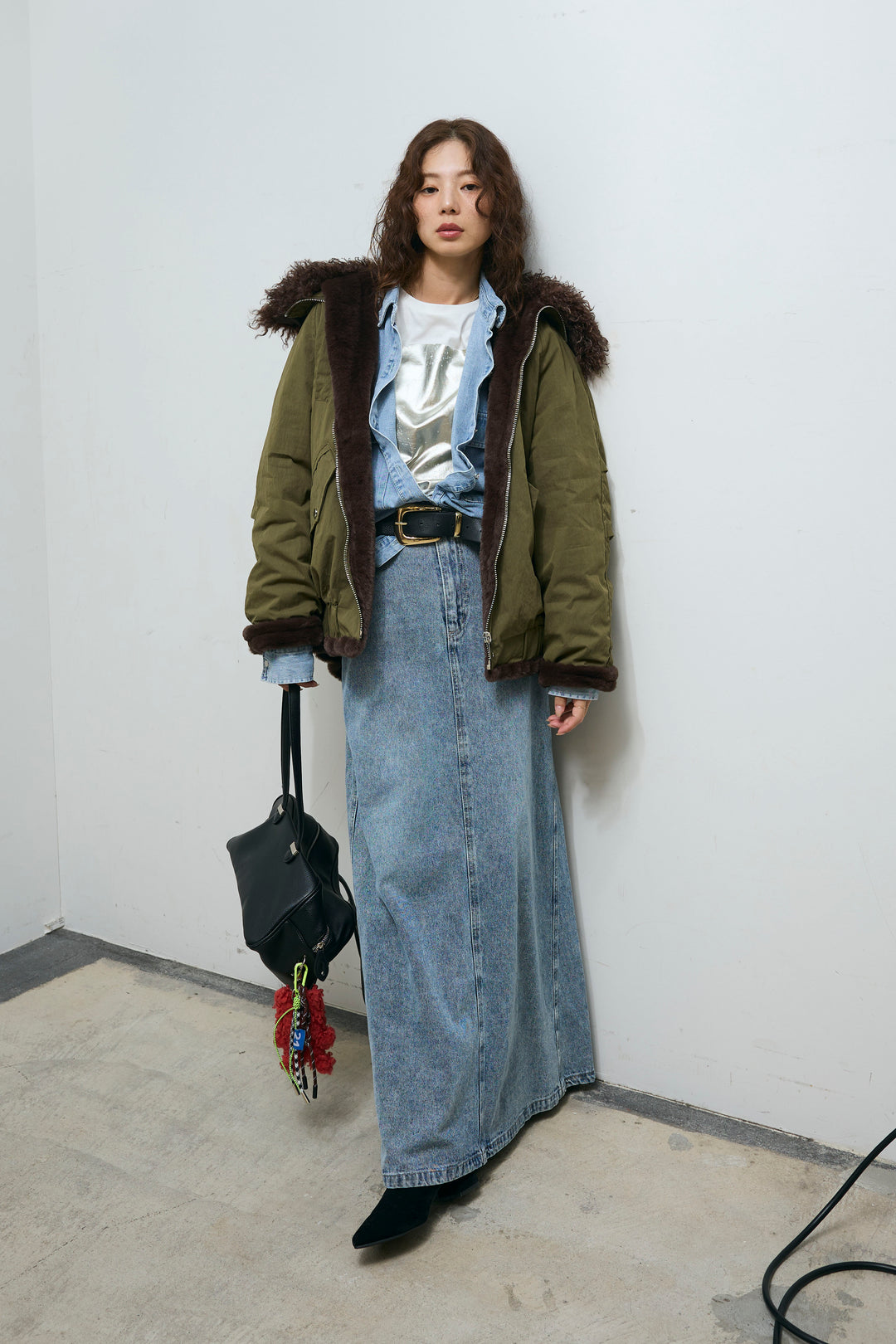 [予約/SET]ボア襟ジップブルゾン+オーバーサイズデニムシャツ+箔プリントロンT+オーセンティックデニムSK(4set)