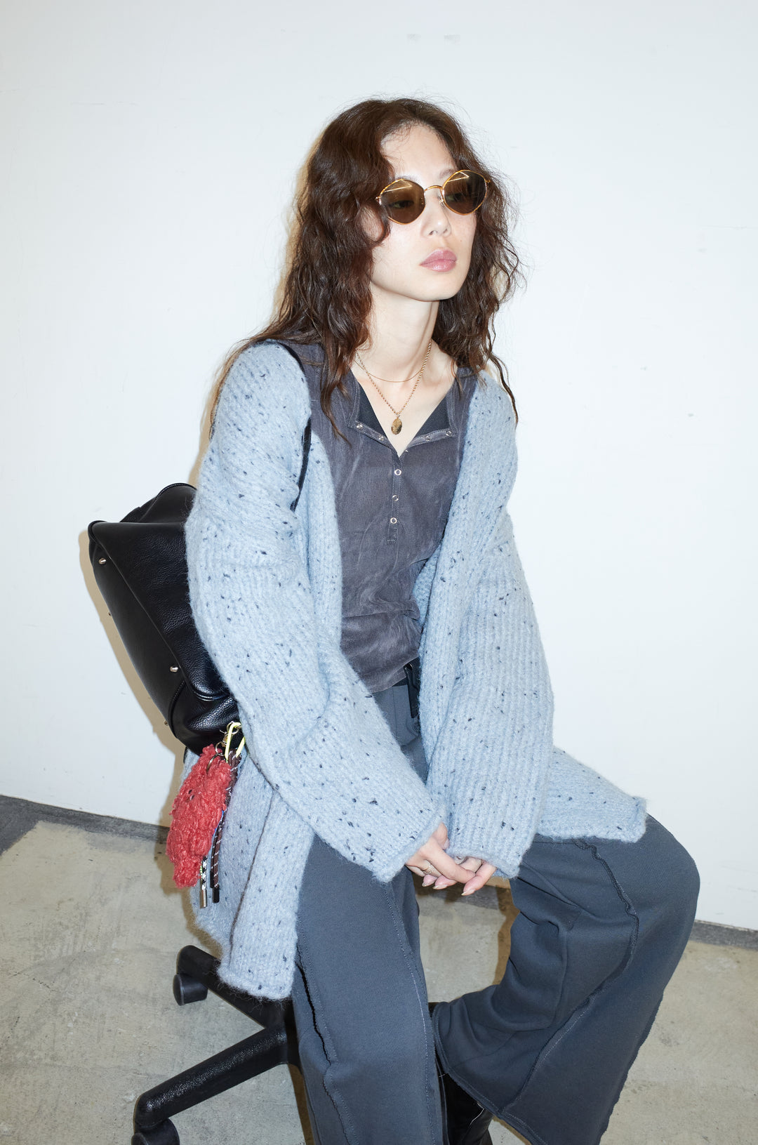 [予約/SET]ネップモールミドルカーディガン+ベロアチュールヘンリーネックT+ストレート裏毛パンツ(3set)