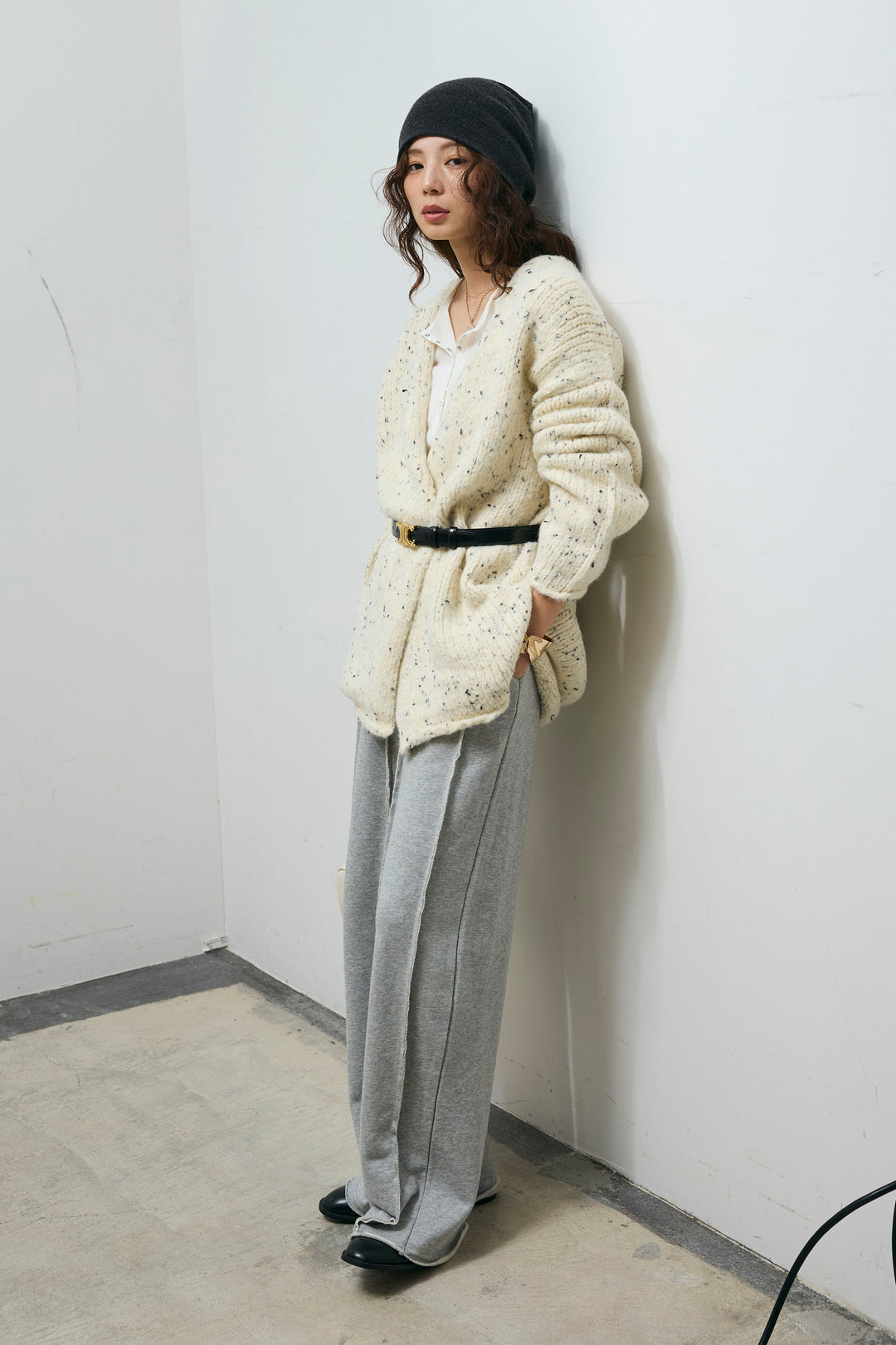 [予約/SET]ネップモールミドルカーディガン+ベロアチュールヘンリーネックT+ストレート裏毛パンツ(3set)