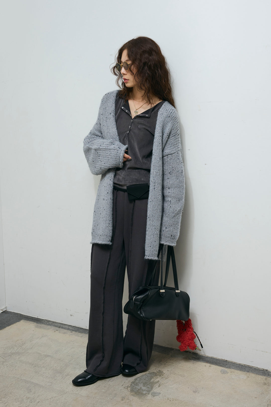 [予約/SET]ネップモールミドルカーディガン+ベロアチュールヘンリーネックT+ストレート裏毛パンツ(3set)