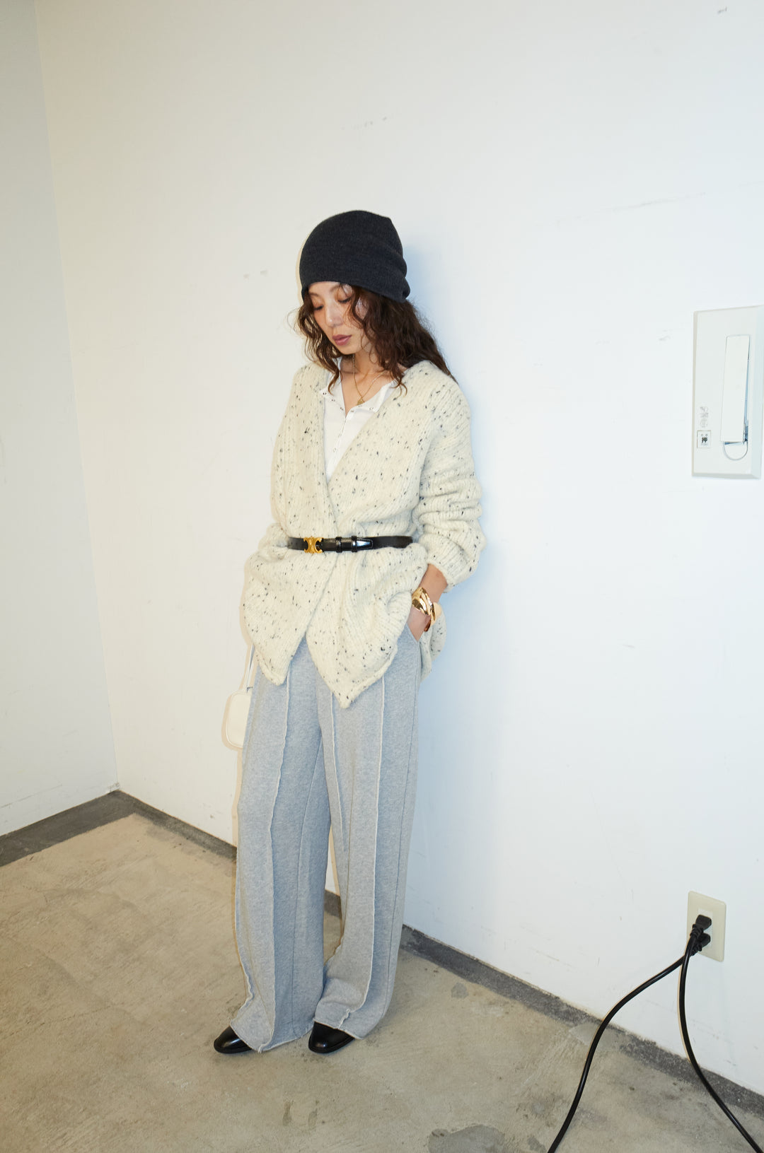 [予約/SET]ネップモールミドルカーディガン+ベロアチュールヘンリーネックT+ストレート裏毛パンツ(3set)