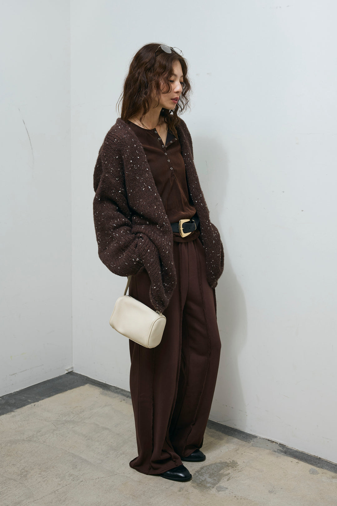 [予約/SET]ネップモールミドルカーディガン+ベロアチュールヘンリーネックT+ストレート裏毛パンツ(3set)