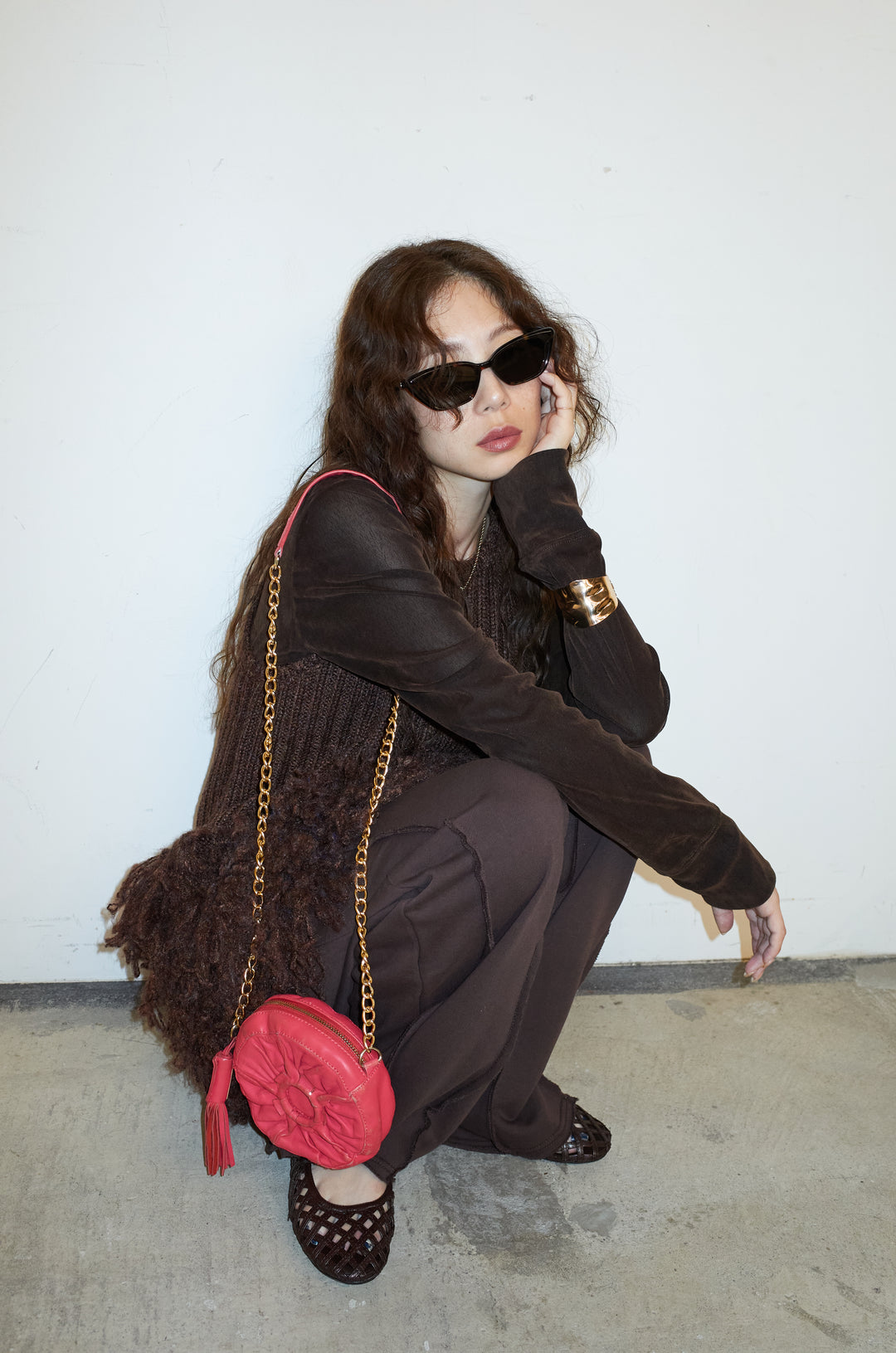 [予約/SET]フリンジ切り替えニットチュニック+ベロアチュールヘンリーネックT+ストレート裏毛パンツ(3set)