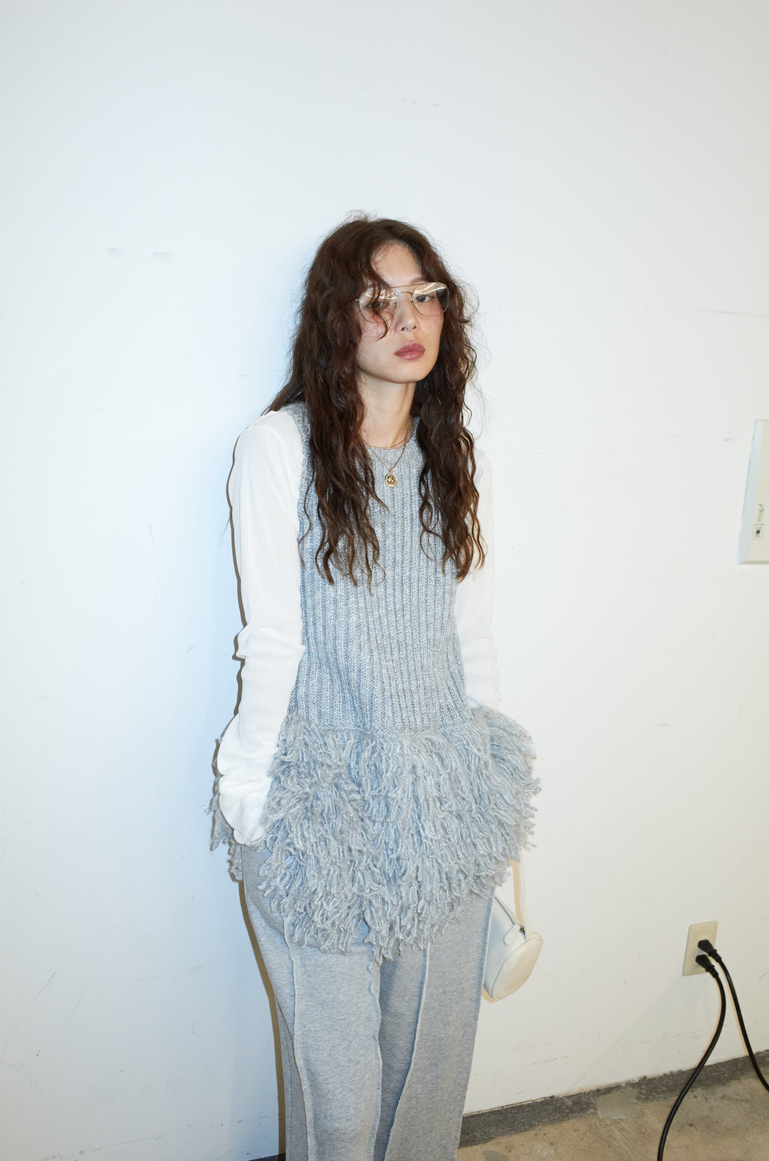 [予約/SET]フリンジ切り替えニットチュニック+ベロアチュールヘンリーネックT+ストレート裏毛パンツ(3set)