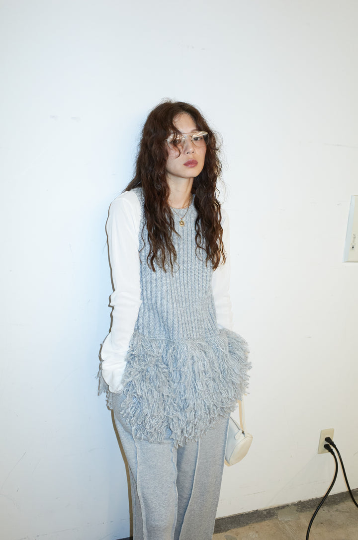 [予約/SET]フリンジ切り替えニットチュニック+ベロアチュールヘンリーネックT+ストレート裏毛パンツ(3set)