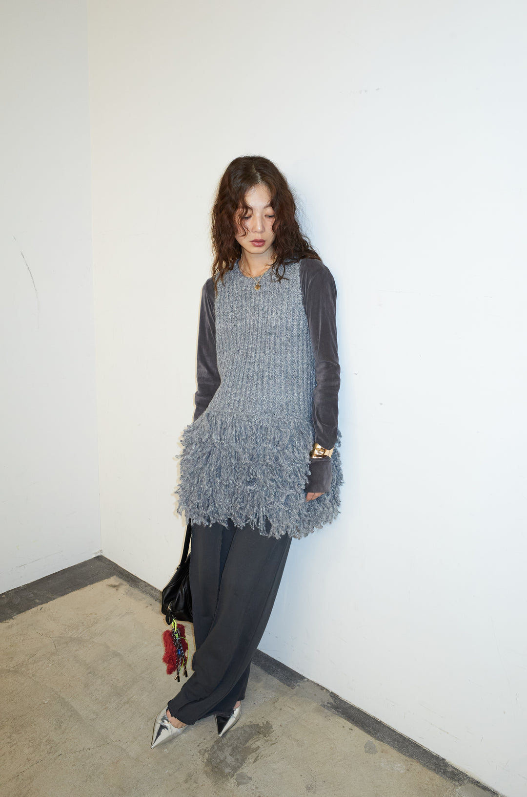 [予約/SET]フリンジ切り替えニットチュニック+ベロアチュールヘンリーネックT+ストレート裏毛パンツ(3set)