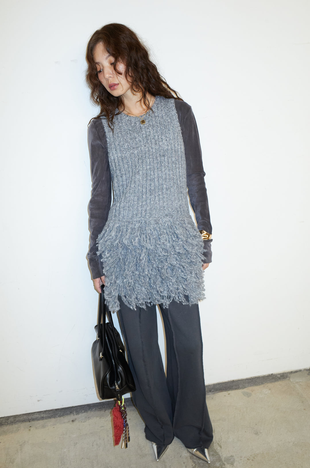 [予約/SET]フリンジ切り替えニットチュニック+ベロアチュールヘンリーネックT+ストレート裏毛パンツ(3set)