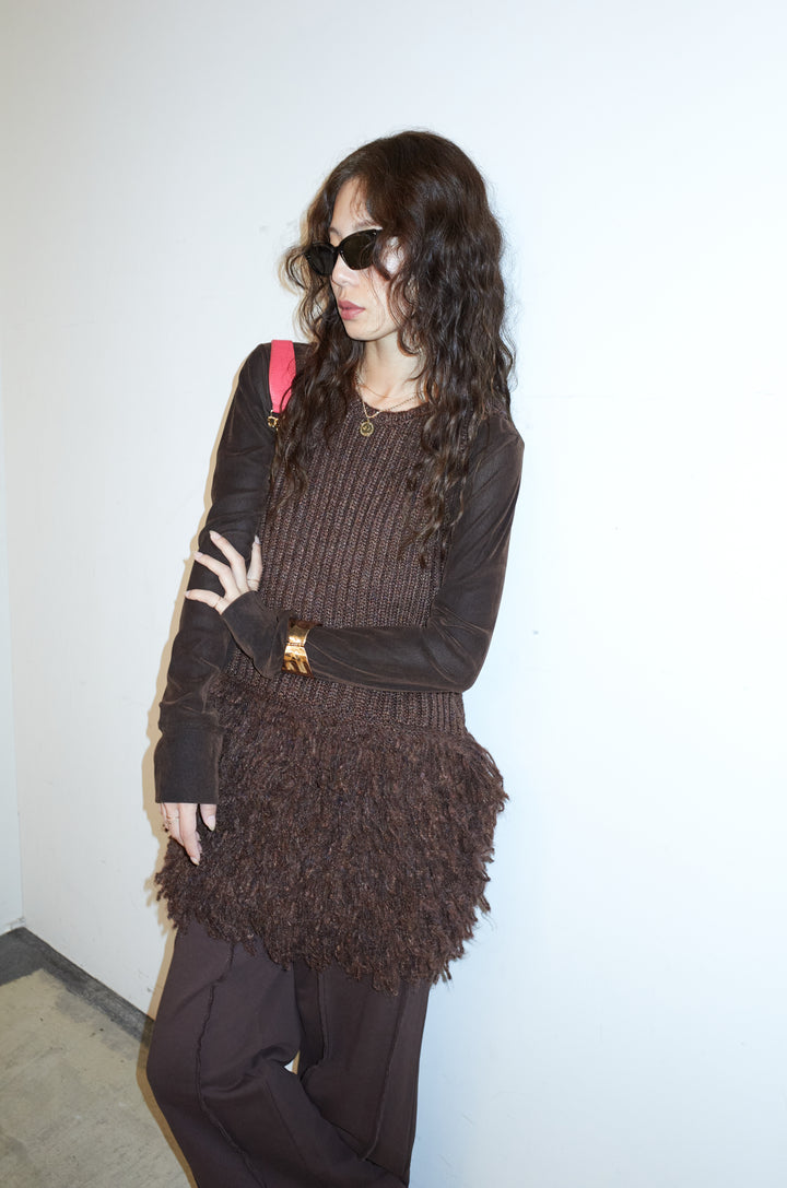 [予約/SET]フリンジ切り替えニットチュニック+ベロアチュールヘンリーネックT+ストレート裏毛パンツ(3set)