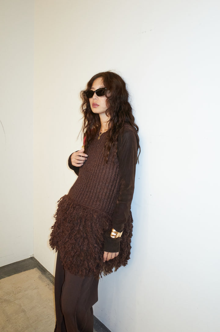 [予約/SET]フリンジ切り替えニットチュニック+ベロアチュールヘンリーネックT+ストレート裏毛パンツ(3set)