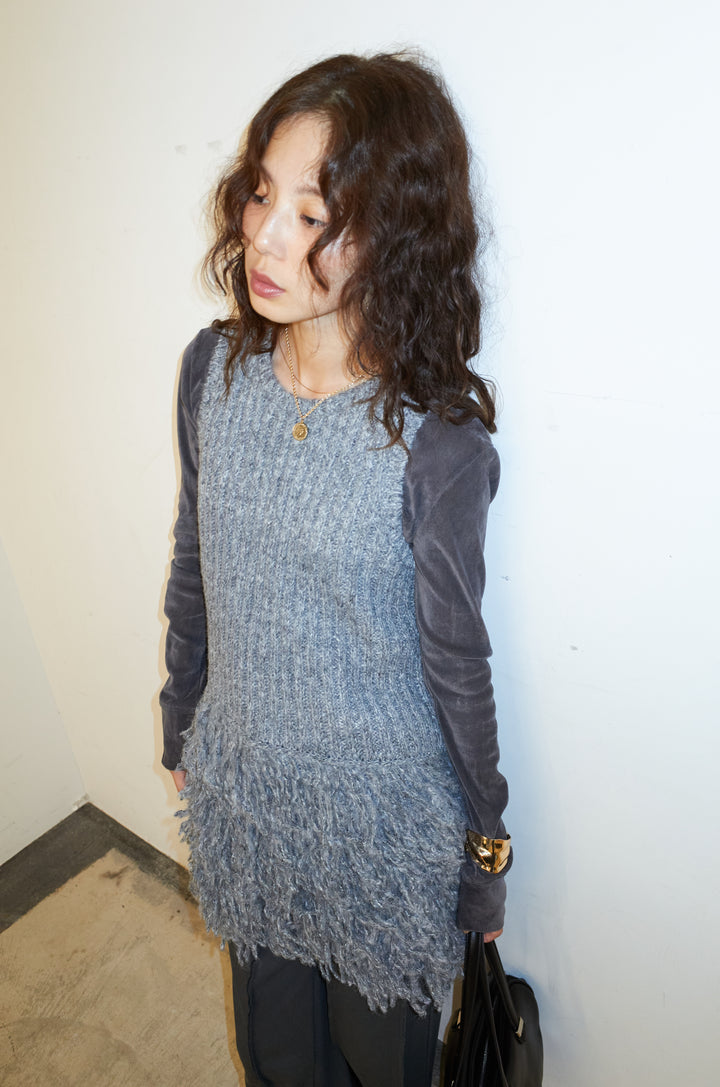 [予約/SET]フリンジ切り替えニットチュニック+ベロアチュールヘンリーネックT+ストレート裏毛パンツ(3set)