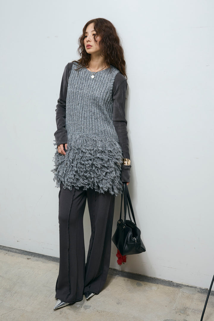 [予約/SET]フリンジ切り替えニットチュニック+ストレート裏毛パンツ(2set)