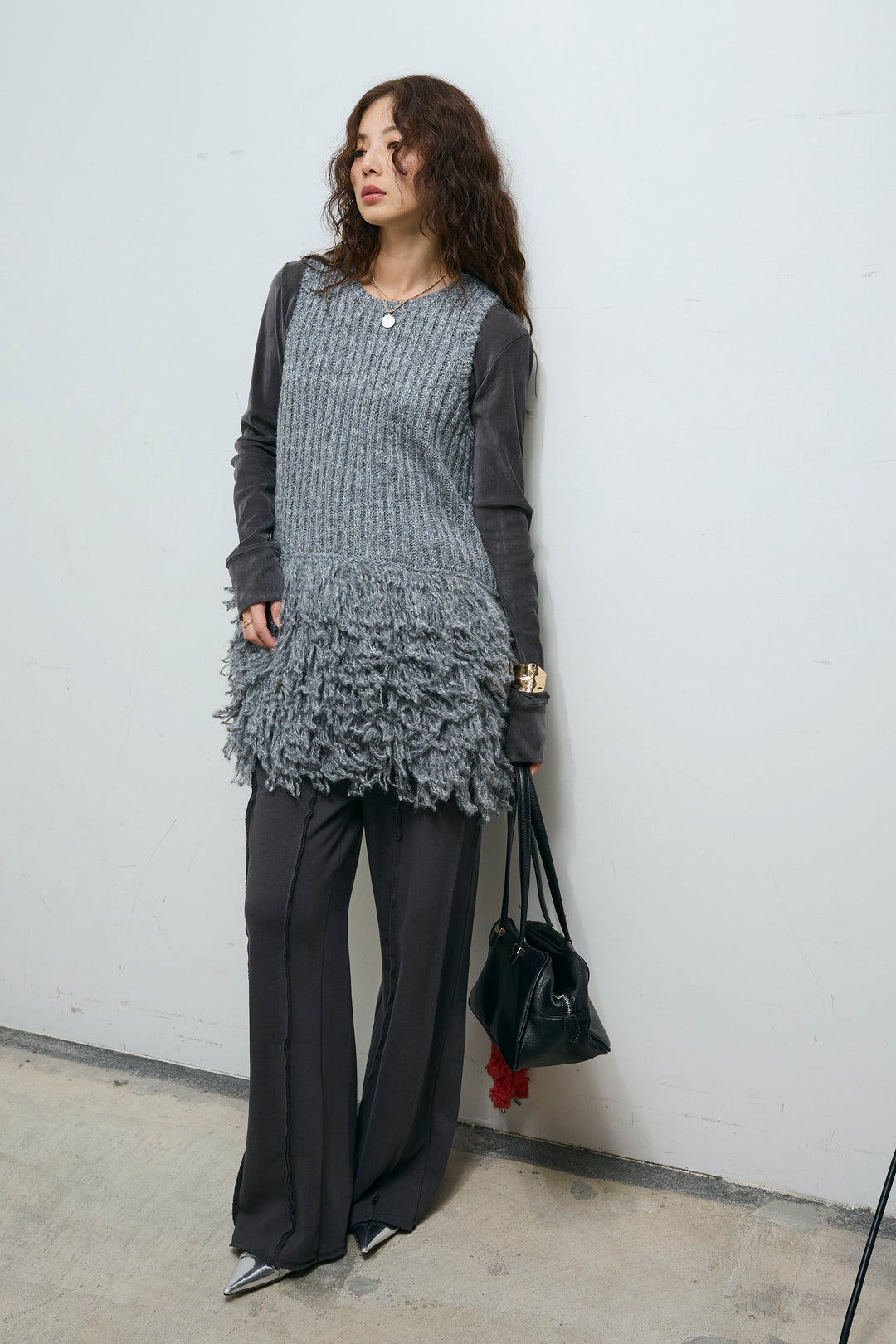 [予約/SET]フリンジ切り替えニットチュニック+ベロアチュールヘンリーネックT+ストレート裏毛パンツ(3set)