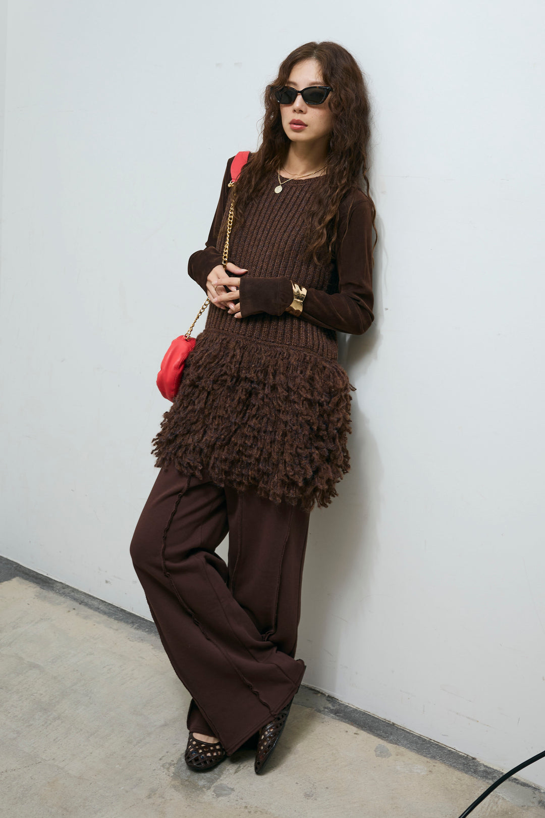 [予約/SET]フリンジ切り替えニットチュニック+ストレート裏毛パンツ(2set)