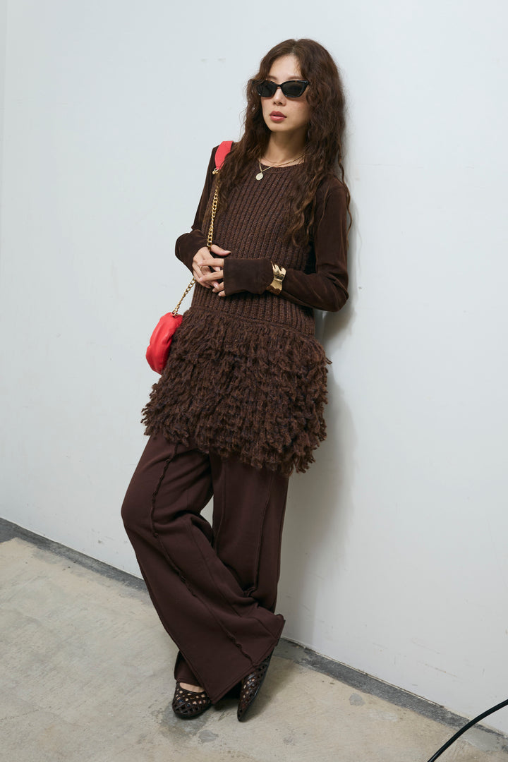 [予約/SET]フリンジ切り替えニットチュニック+ベロアチュールヘンリーネックT+ストレート裏毛パンツ(3set)