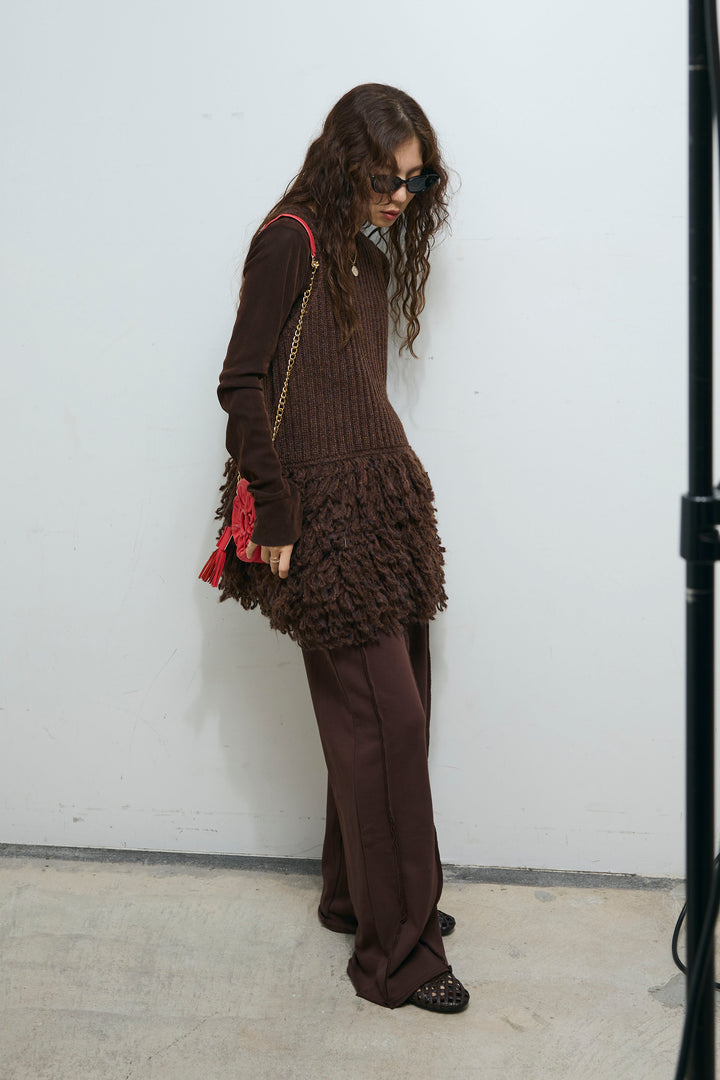 [予約/SET]フリンジ切り替えニットチュニック+ベロアチュールヘンリーネックT+ストレート裏毛パンツ(3set)