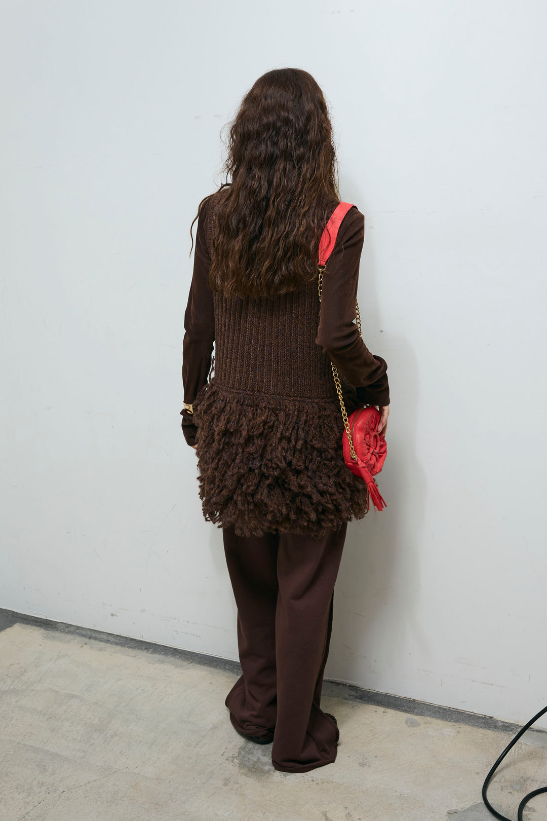 [予約/SET]フリンジ切り替えニットチュニック+ベロアチュールヘンリーネックT+ストレート裏毛パンツ(3set)