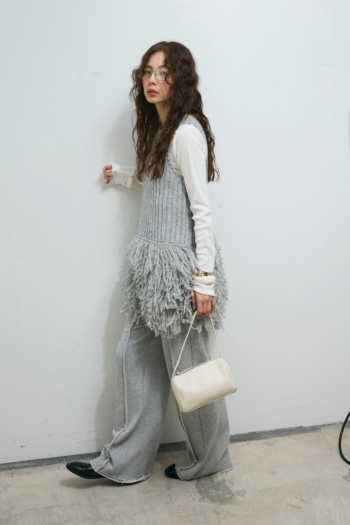 [予約/SET]フリンジ切り替えニットチュニック+ベロアチュールヘンリーネックT+ストレート裏毛パンツ(3set)