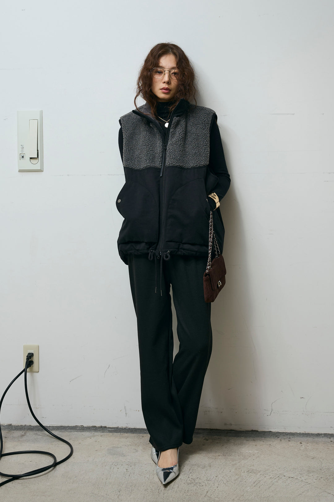 [予約/SET]ボア切替中綿ベスト+アンゴラタッチフィンガーホールタートルニット+ダンボールニットパンツ(3set)