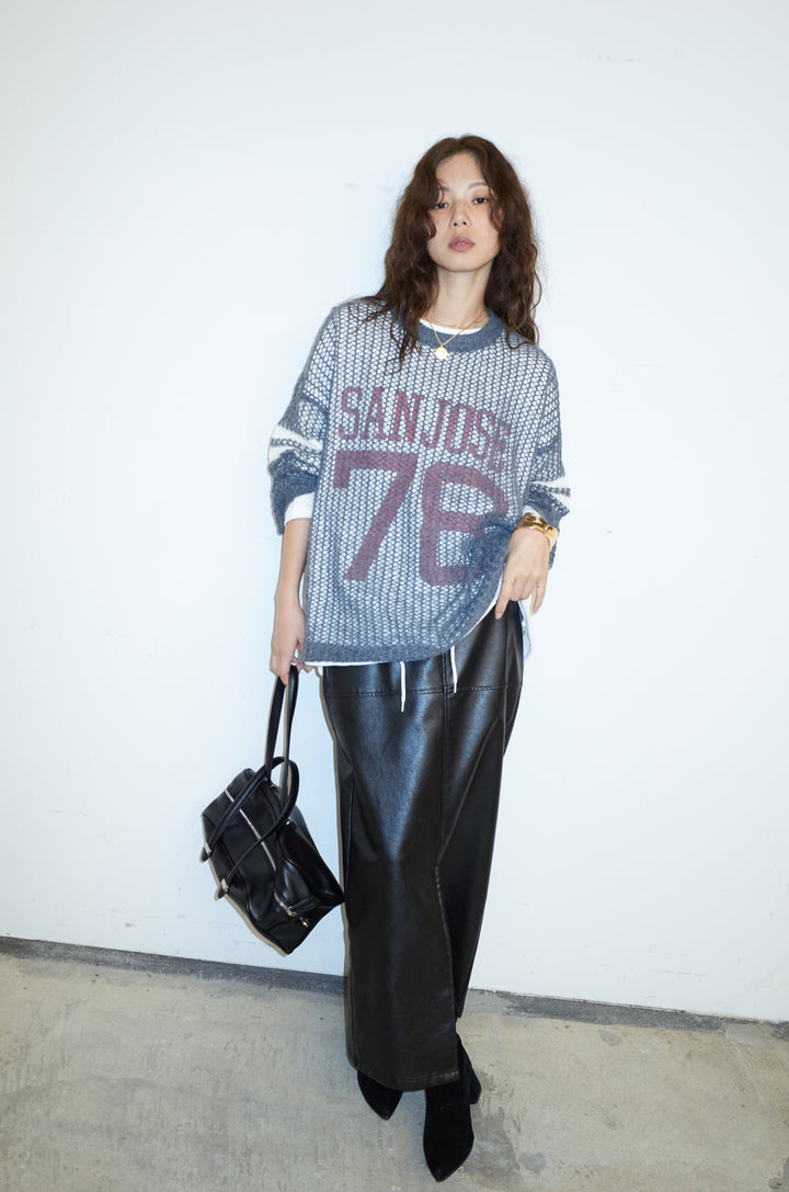 [予約/SET]透かし編みニット＋ナンバーロゴTシャツセット+エコレザーバックスリットペンシルスカート(2set)