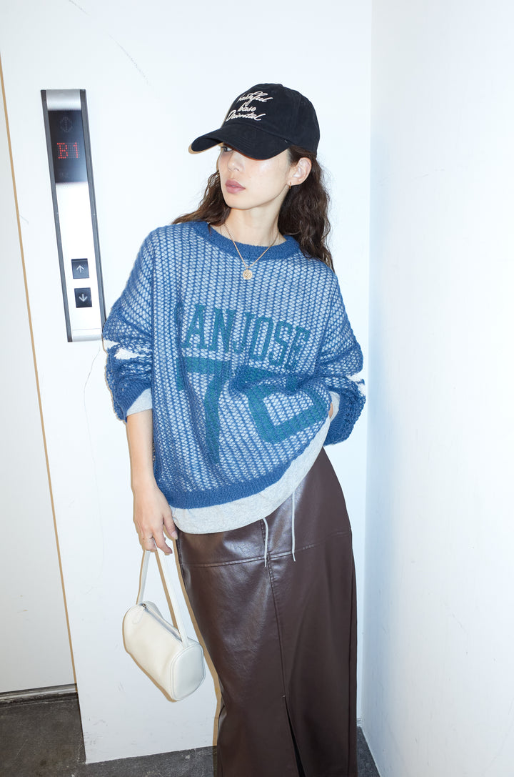 [予約/SET]透かし編みニット＋ナンバーロゴTシャツセット+エコレザーバックスリットペンシルスカート(2set)