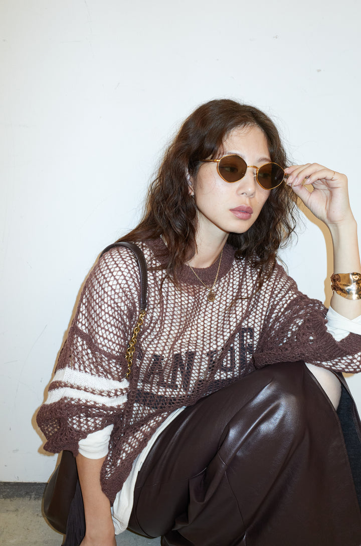 [予約/SET]透かし編みニット＋ナンバーロゴTシャツセット+エコレザーバックスリットペンシルスカート(2set)