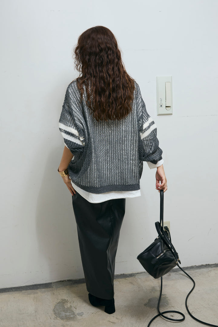 [予約/SET]透かし編みニット＋ナンバーロゴTシャツセット+エコレザーバックスリットペンシルスカート(2set)