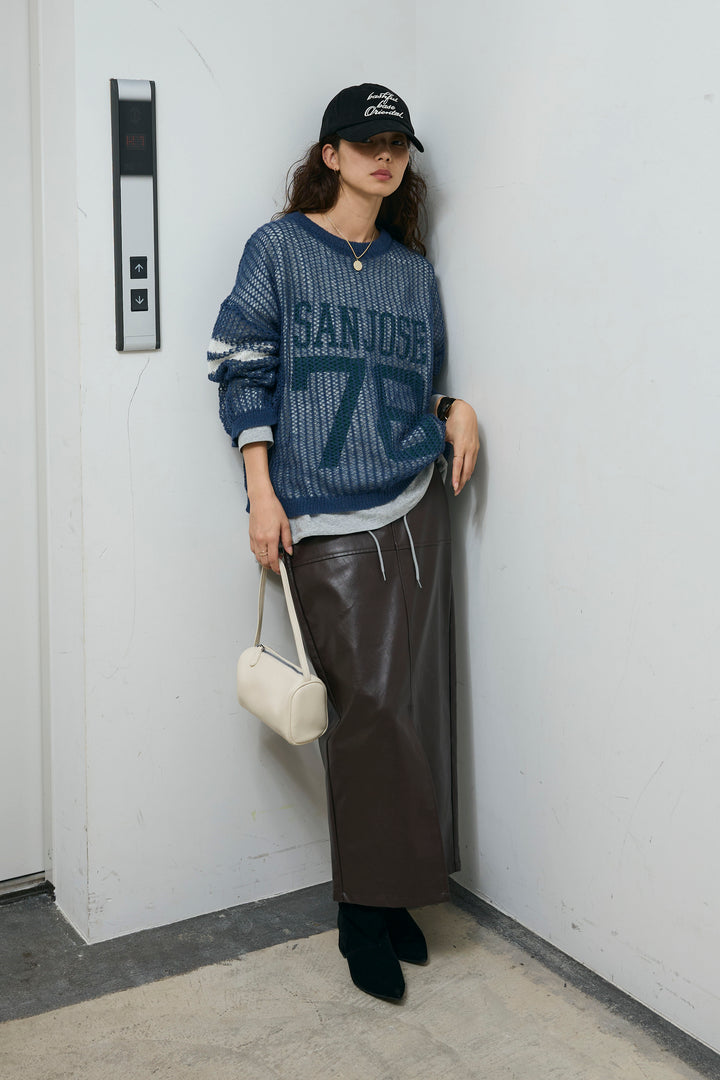 [予約/SET]透かし編みニット＋ナンバーロゴTシャツセット+エコレザーバックスリットペンシルスカート(2set)