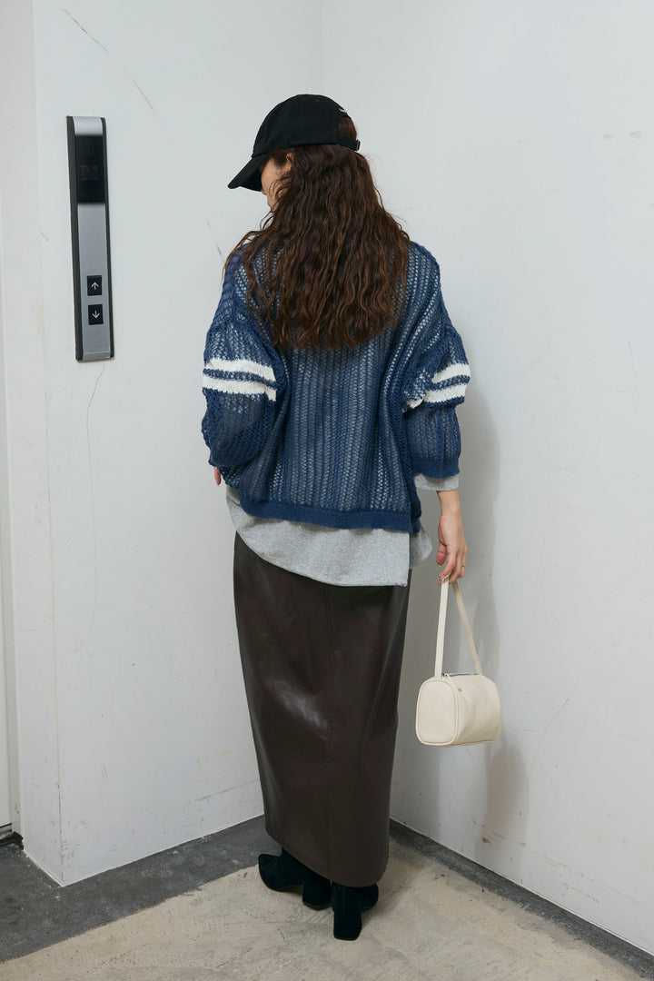 [予約/SET]透かし編みニット＋ナンバーロゴTシャツセット+エコレザーバックスリットペンシルスカート(2set)