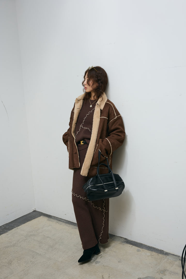 [予約/SET]フェイクムートンジャケット+ランダムメローニットスカート(2set)