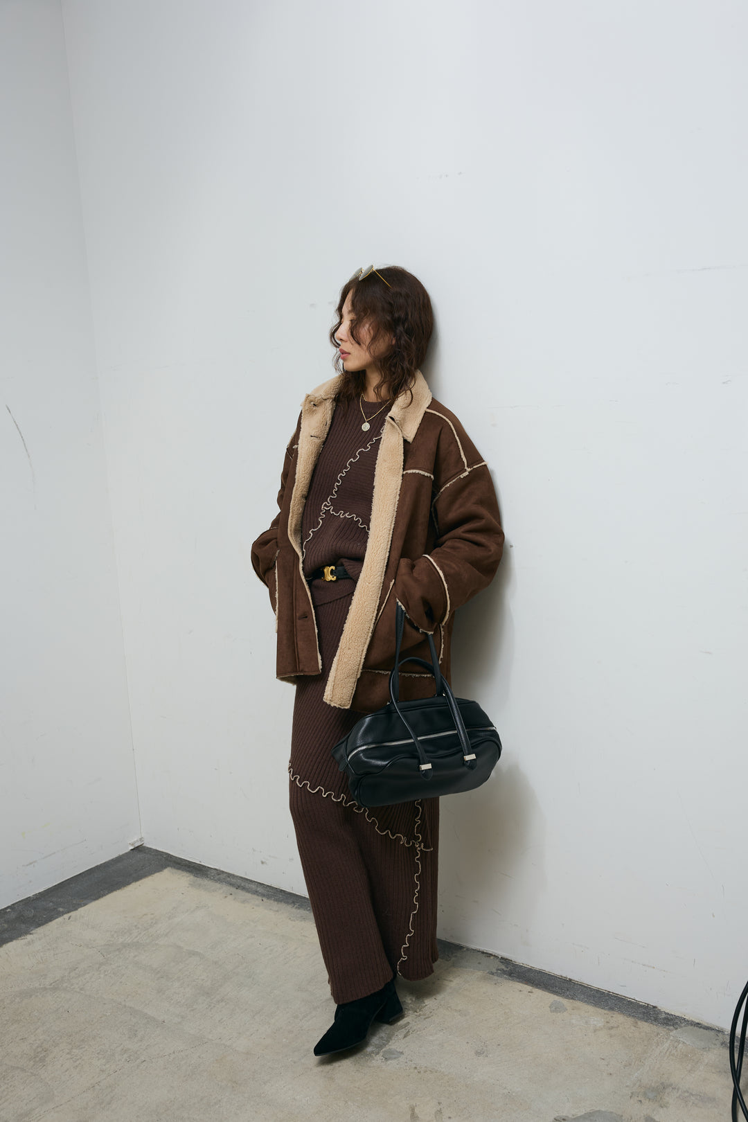 [予約/SET]フェイクムートンジャケット+ランダムメローニット+ランダムメローニットスカート(3set)