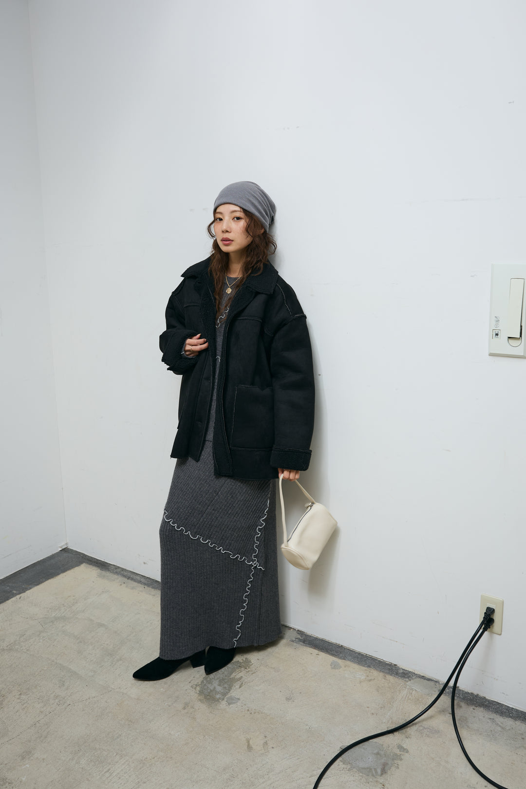 [予約/SET]フェイクムートンジャケット+ランダムメローニットスカート(2set)