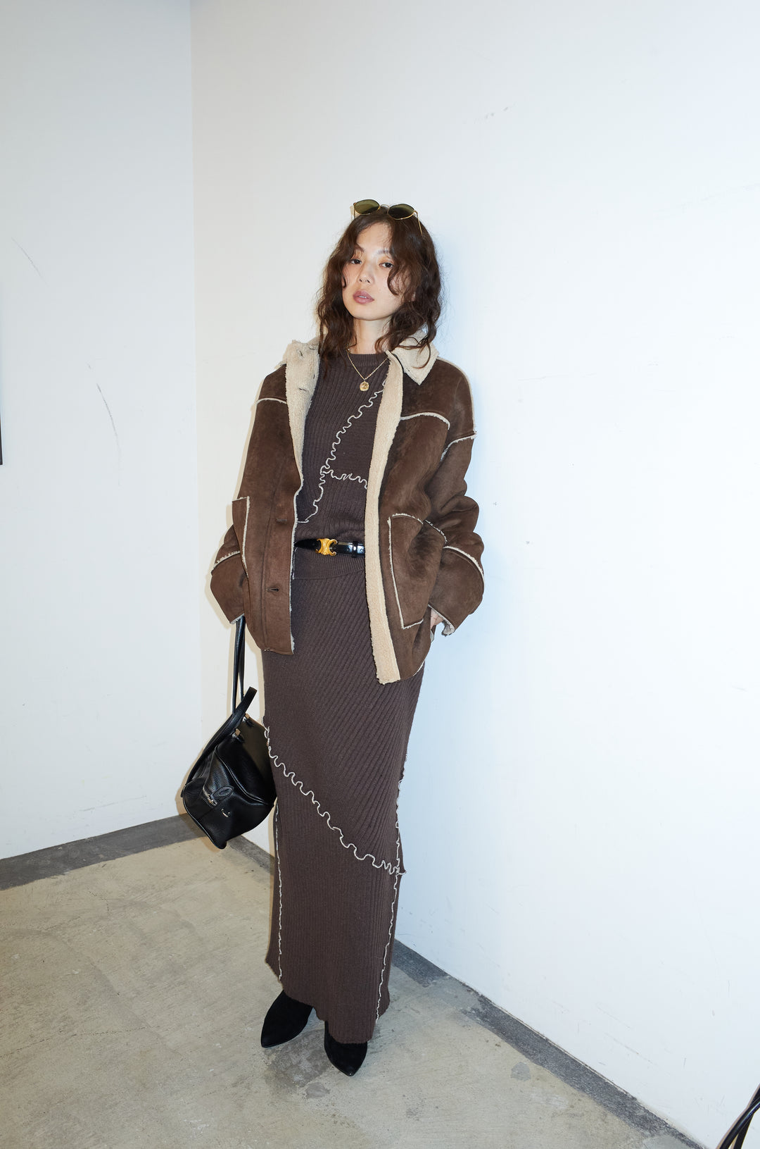 [予約/SET]フェイクムートンジャケット+ランダムメローニット+ランダムメローニットスカート(3set)