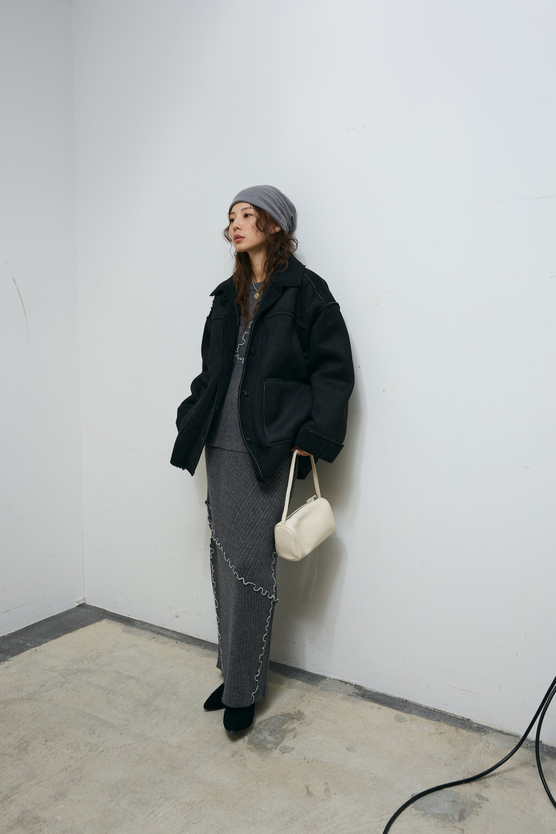 [予約/SET]フェイクムートンジャケット+ランダムメローニットスカート(2set)