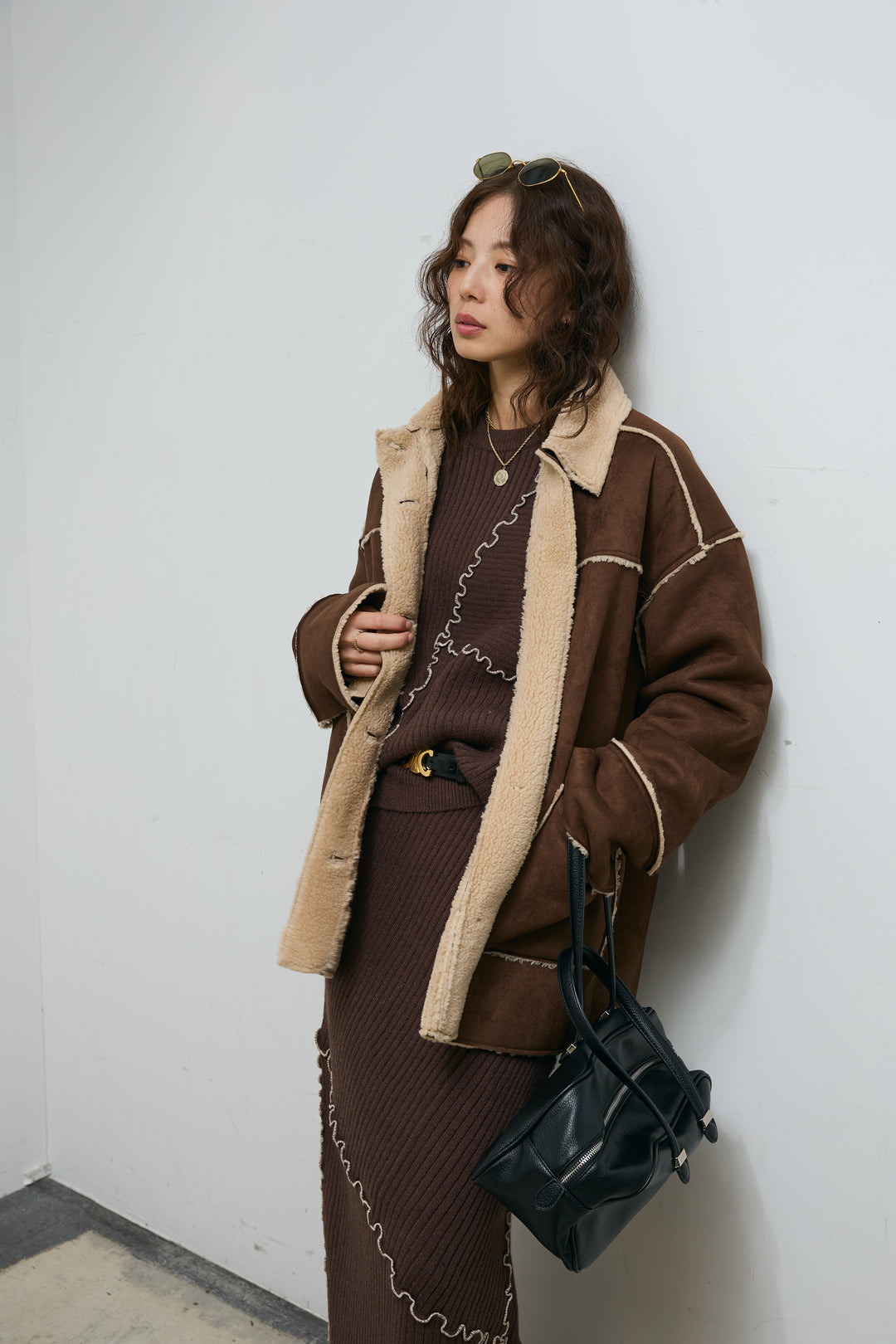 [予約/SET]フェイクムートンジャケット+ランダムメローニットスカート(2set)